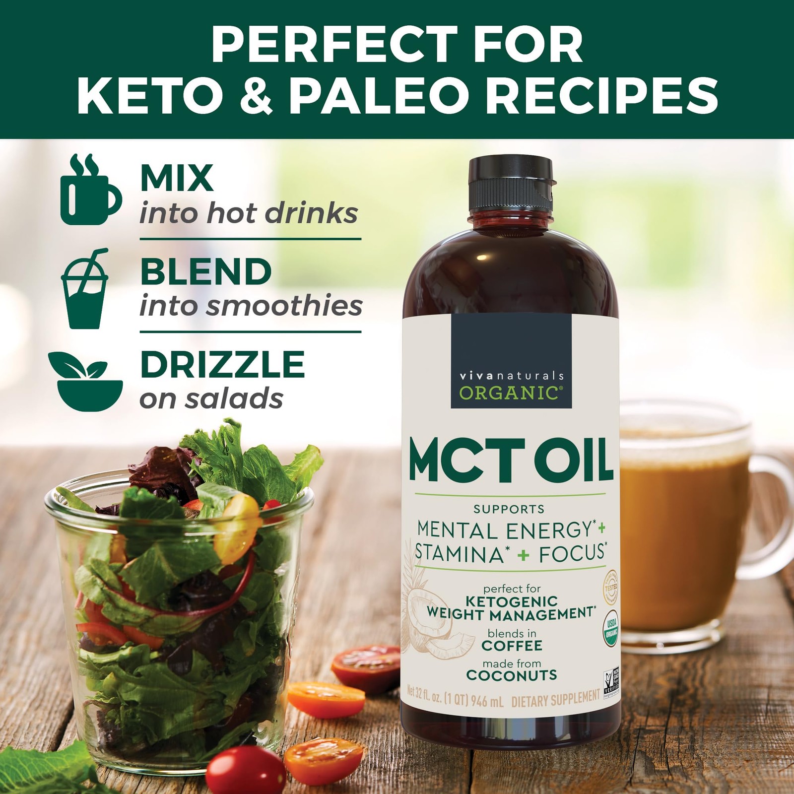 Viva Naturals Organic MCT Oil, 32 fl oz – 32 Fl Oz (Pack of 1), Coconut