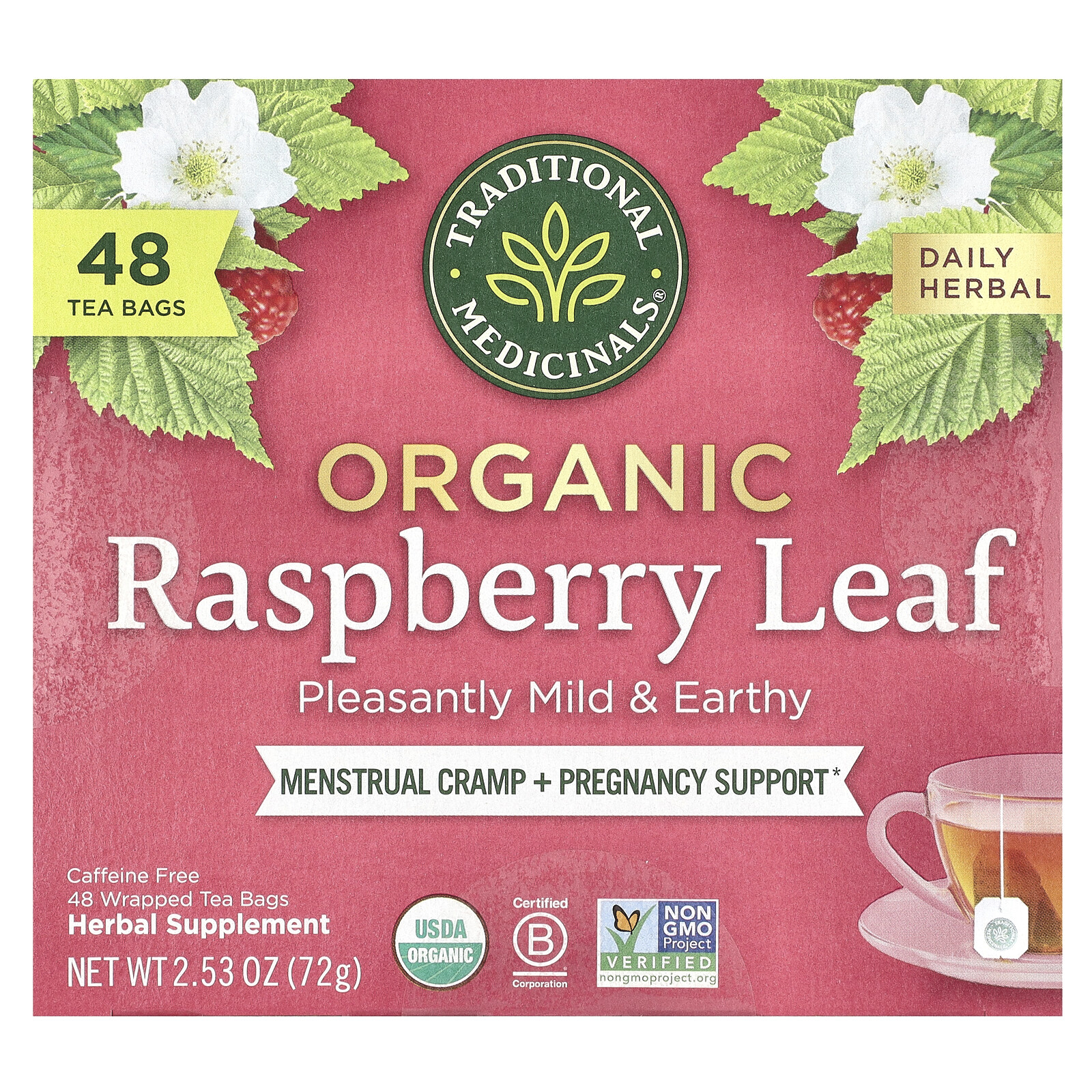 Organic Raspberry Leaf, Caffeine Free, 48 Wrapped Tea Bags, 2.53 oz (72 g)