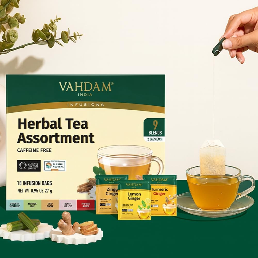 , Assorted Herbal Tea Sampler (18 Tea Bags, 9 Flavors) Caffeine-Free, Non-GMO…