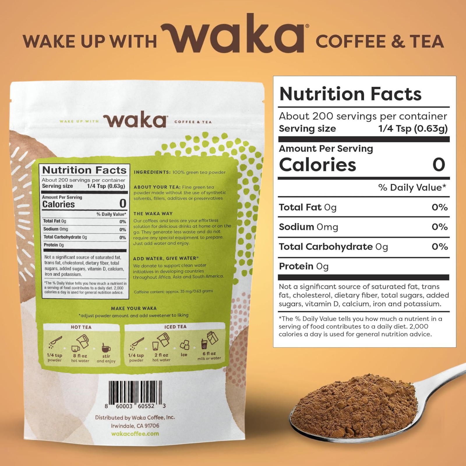 Waka Instant Green Tea Mix, Original – 100% Tea Leaves, No Additives, Unsweet…