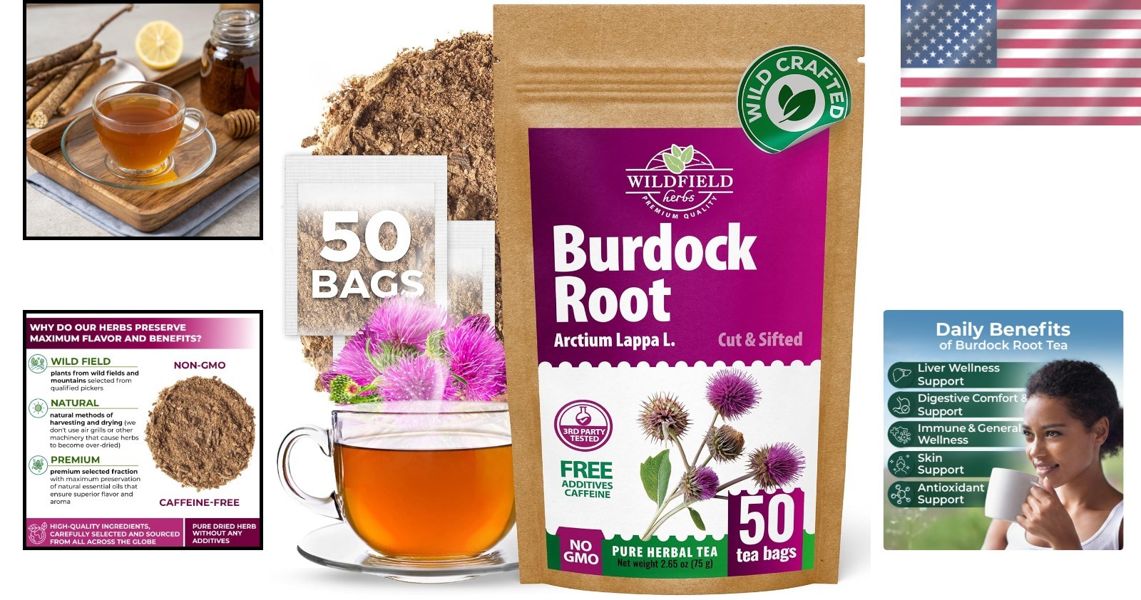 High-Quality Burdock Root Herbal Tea – 50 Bags of Decaffeinated Wellness