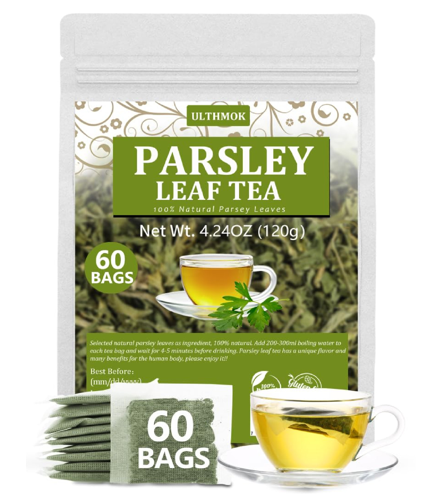 Premium 60 Parsley Tea Bags, Made with 100% Natural Parsley Leaves, Caffeine Fre