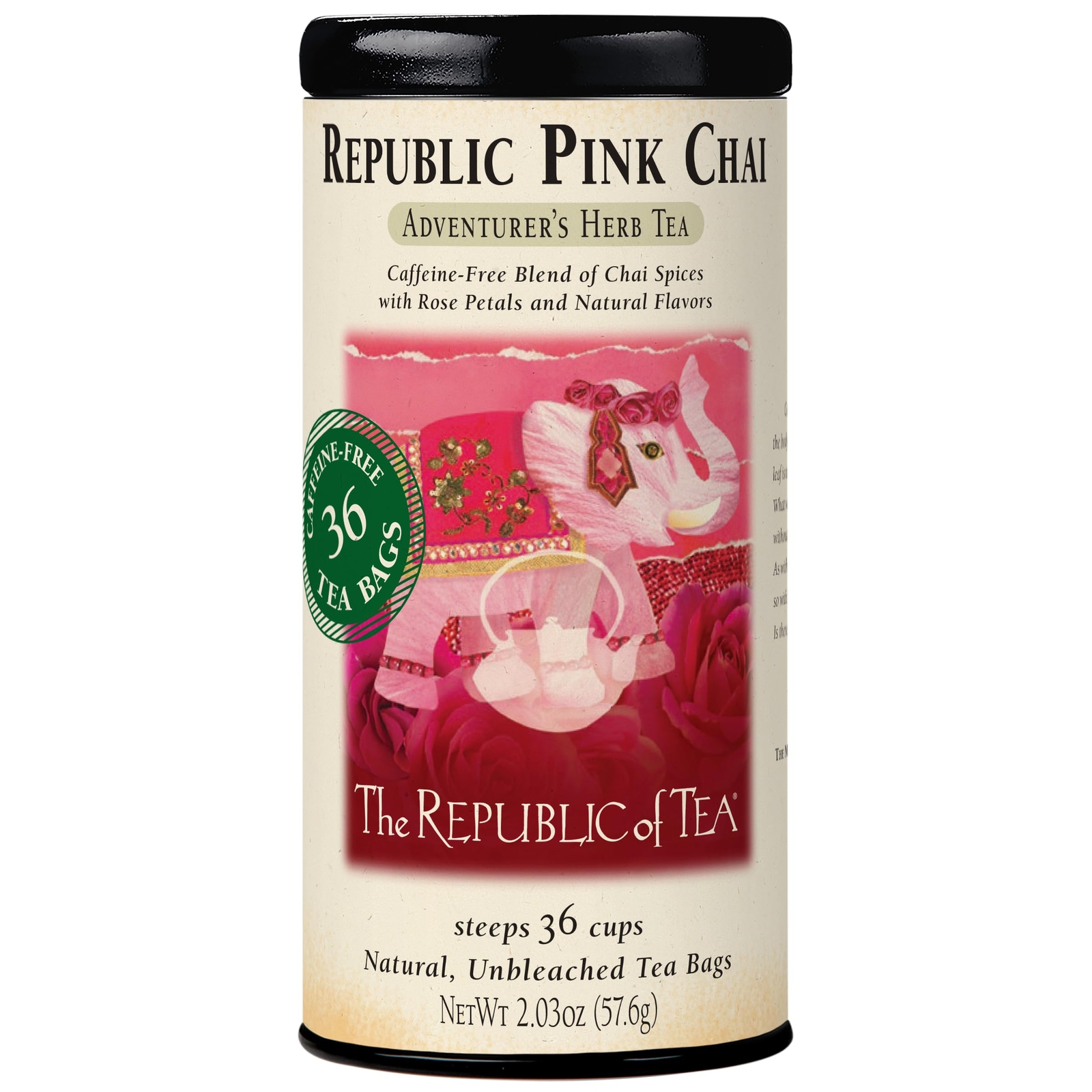 — Republic Pink Chai Herbal Tea Tin 36 Tea Bags Naturally Caffeine Free