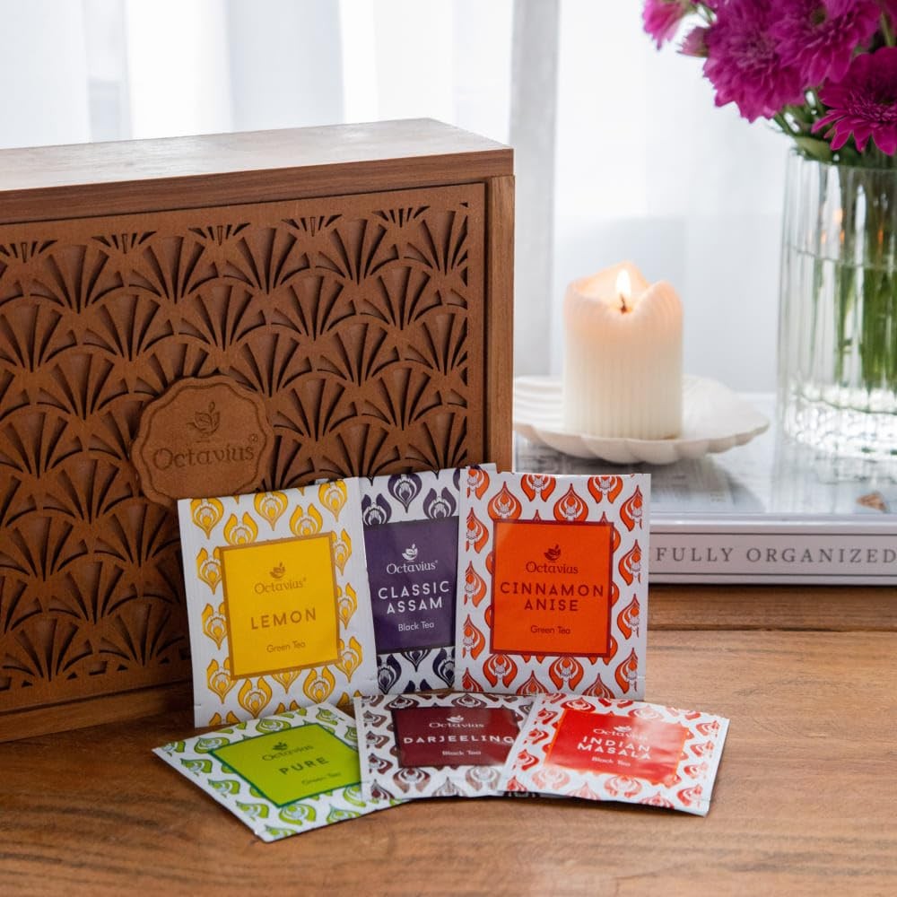 Octavius Tropical Palm Cutwork Wooden Tea Sampler Box | Premium Black & Green…