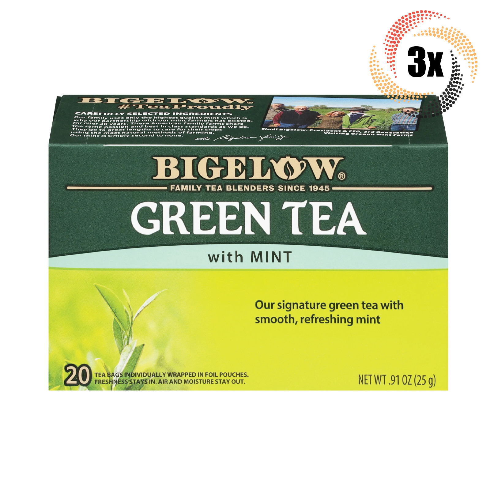 3x Boxes Bigelow Natural Green Tea With Mint | 20 Pouches Per Box | .91oz