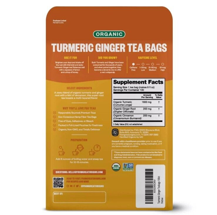 Organic Turmeric Ginger Tea – Eco-Conscious Tea Bags – 100 Count BB:03/27