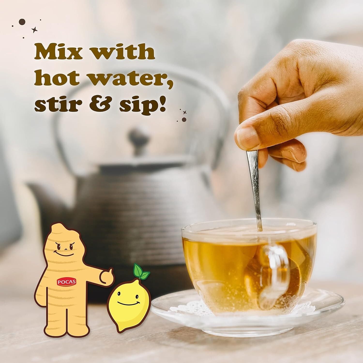 Pocas Honey Ginger Tea Lemon Flavor Instant Non GMO Gluten Caffeine Free 20 Ct