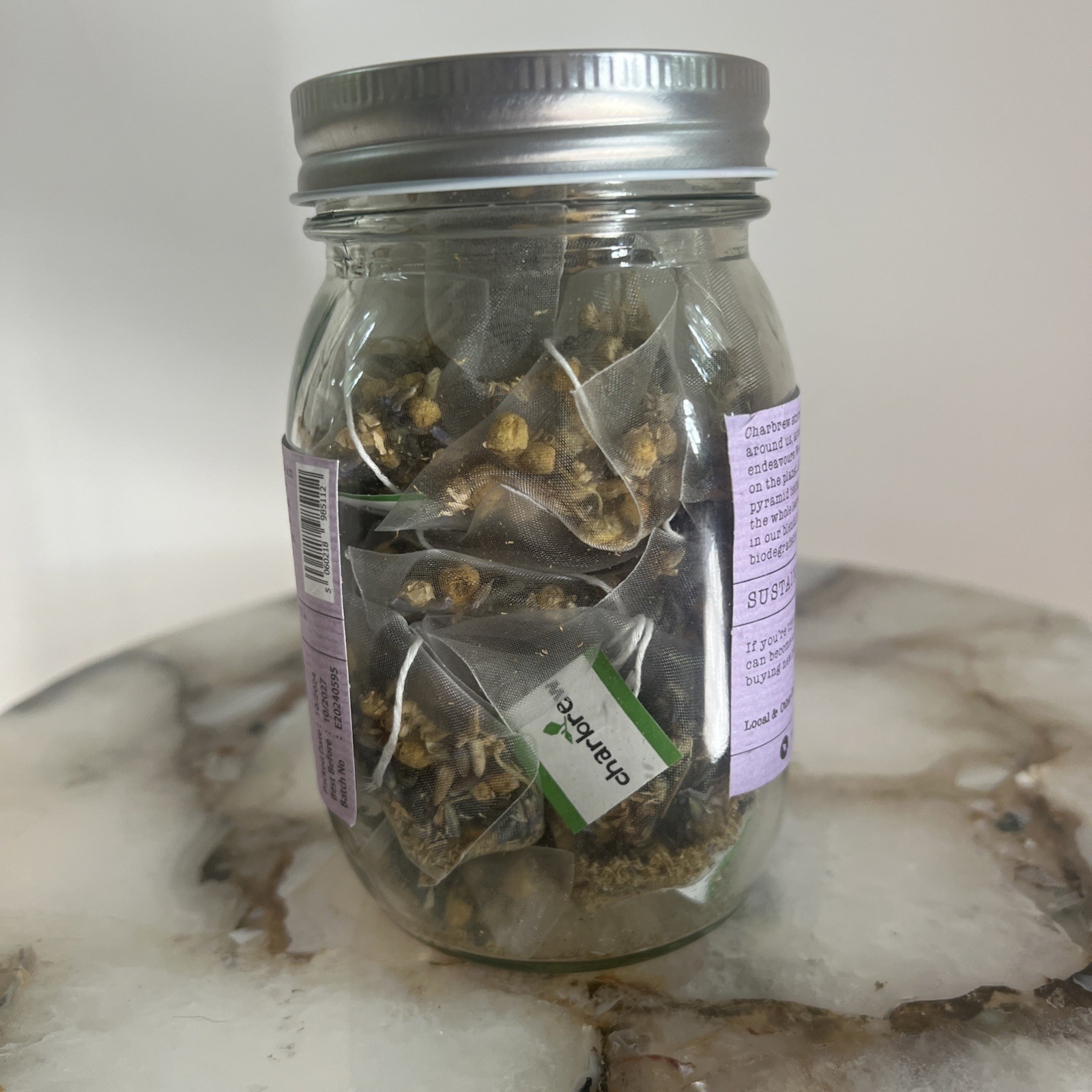 Charbrew Chamomile Lavender Herbal Tea 20 Bio Pyramids Glass Mason Jar 30g 10/27