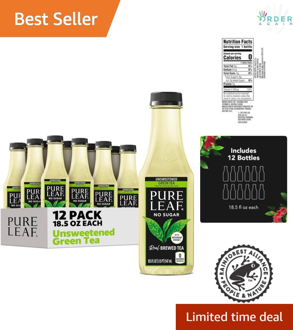 Pure Leaf Green Tea Unsweetened Bottles Pack 12 18.5 fl oz Natural Refreshing