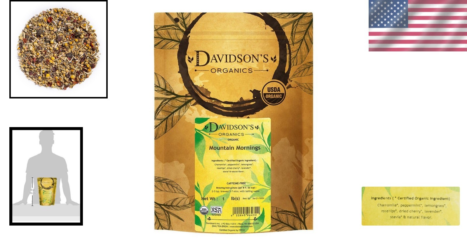 Caffeine-Free Organic Mountain Mornings Tea – 16oz Chamomile & Lavender Fusion