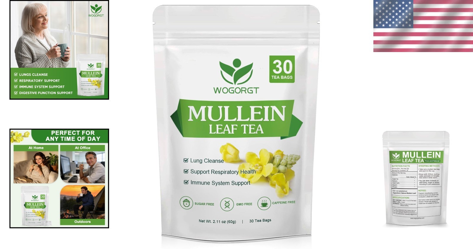 Natural Mullein Tea Bags – 30 Count Caffeine-Free Support for Clean Lungs