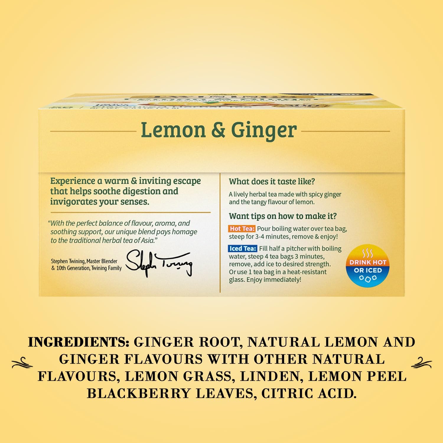 Twinings Lemon Ginger Herbal Tea Bags 50 Count Caffeine Free Brew Anytime