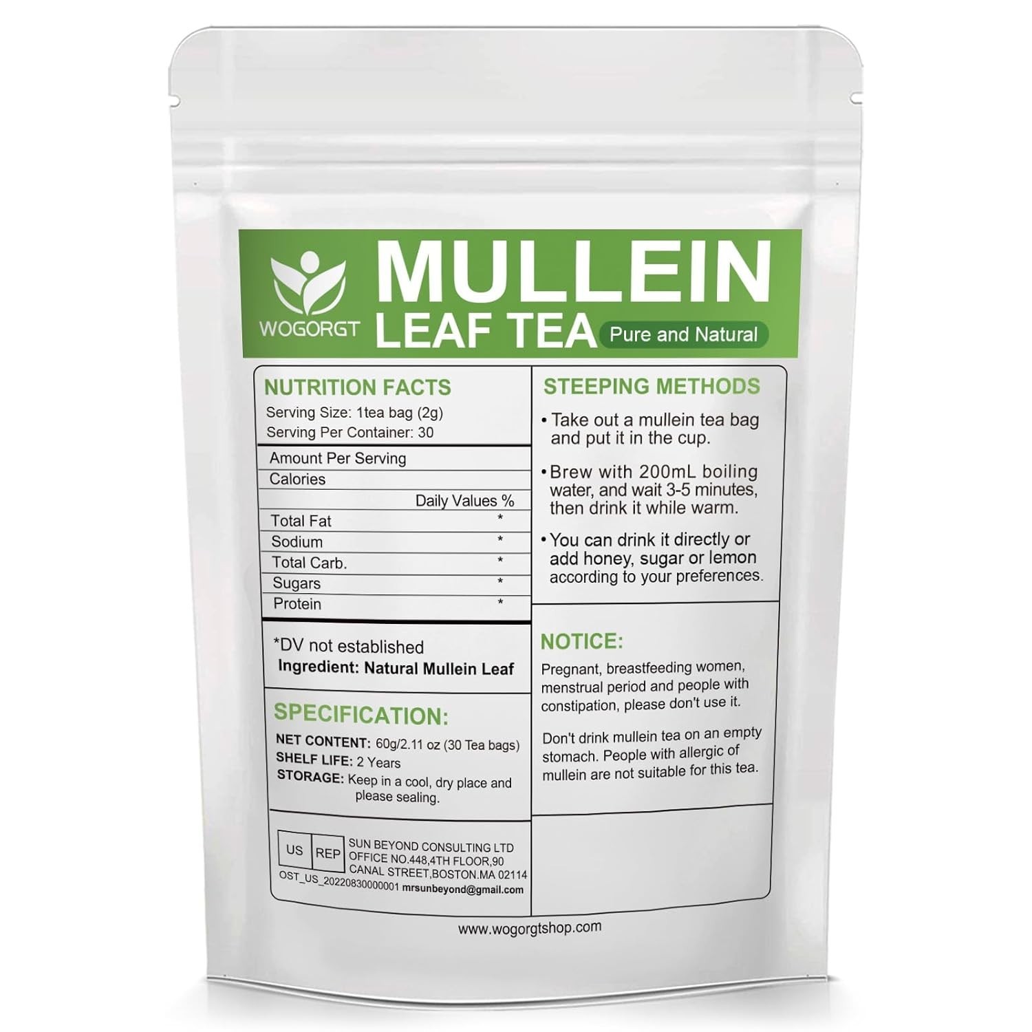 Natural Mullein Tea Bags – 30 Count Caffeine-Free Support for Clean Lungs