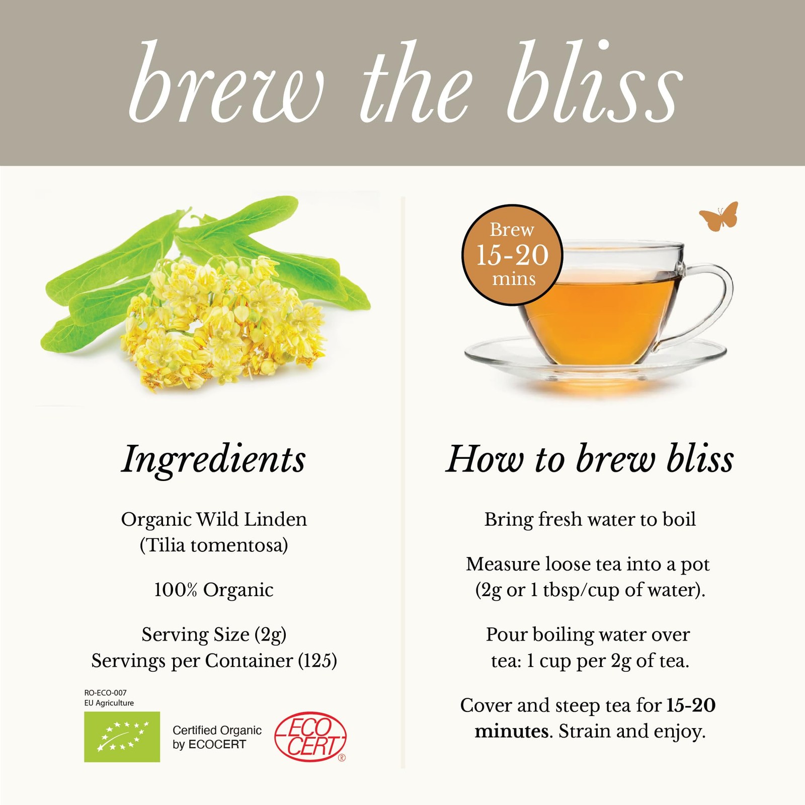 Wild Bliss Organic Linden Flower Loose Leaf Tea 8.8oz Caffeine Free 125 Servings