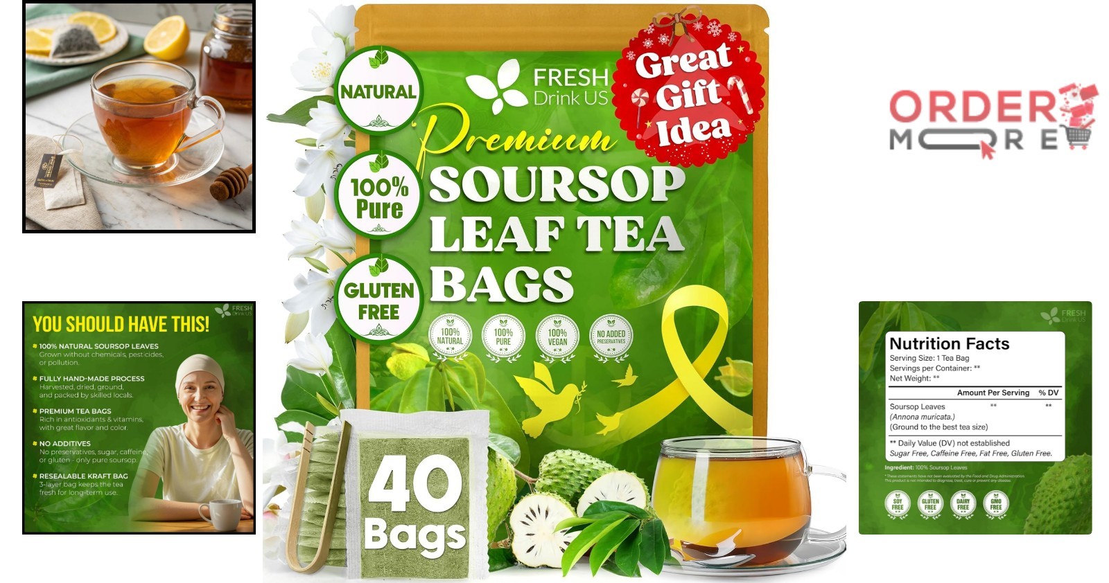 40 Soursop Leaf Tea Bags Natural Handmade Caffeine Free Relaxation