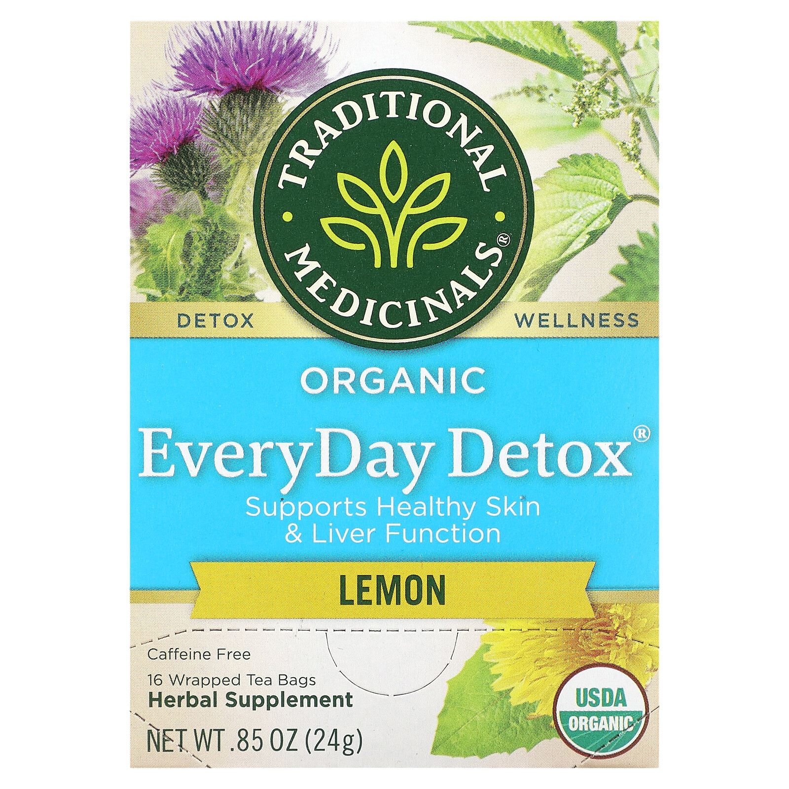 Organic EveryDay Detox, Lemon, Caffeine Free, 16 Wrapped Tea Bags, 0.85 oz (24