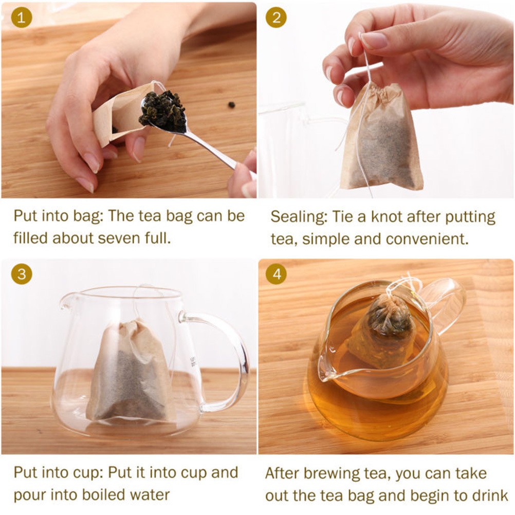 100 Pcs Drawstring Reusable Tea Filter Bags Food Grade Paper Empty Tea Pouch Bag