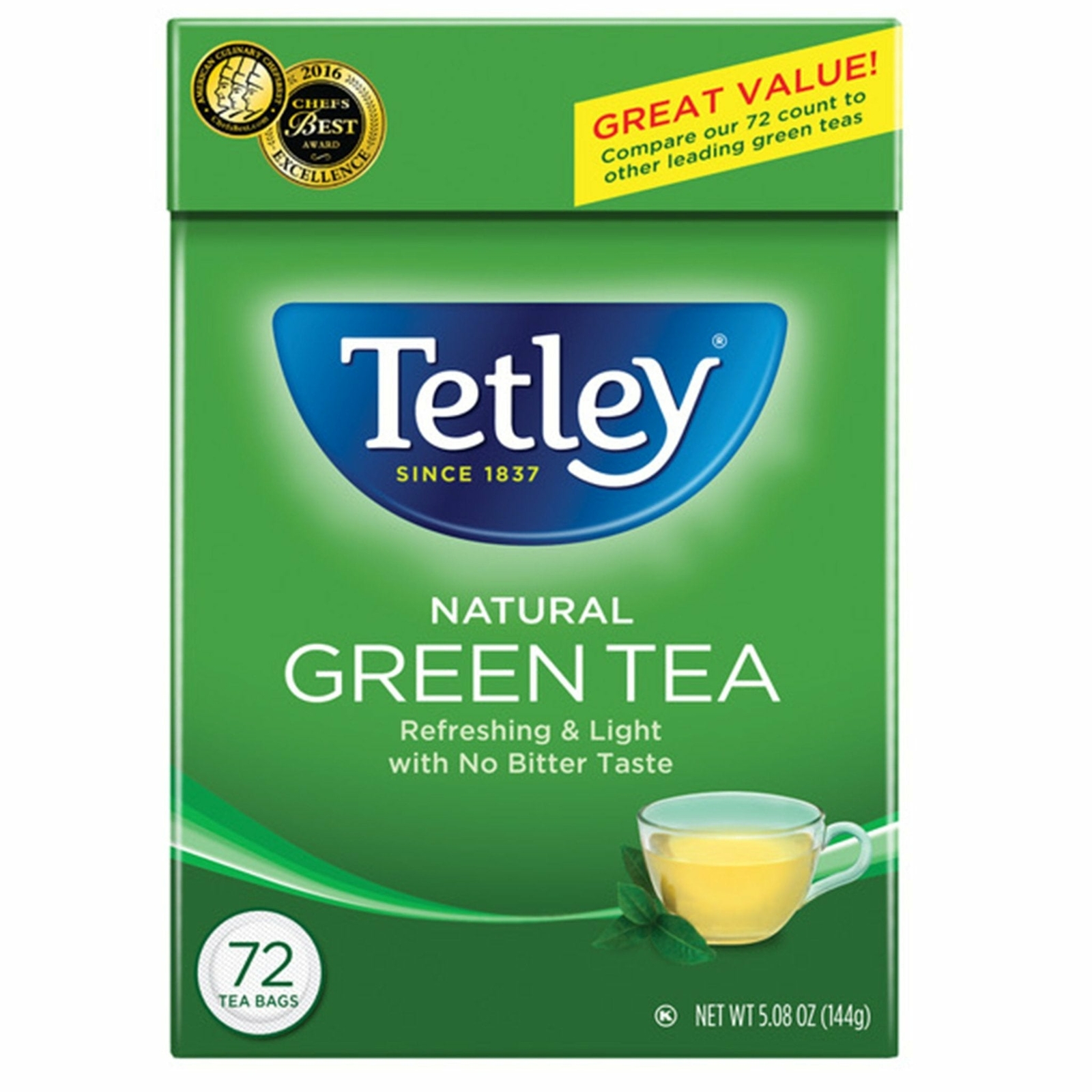 Tetley Natural Green Tea Refreshing And Light 72 Tea Bags 5.08oz (Pack of 6)