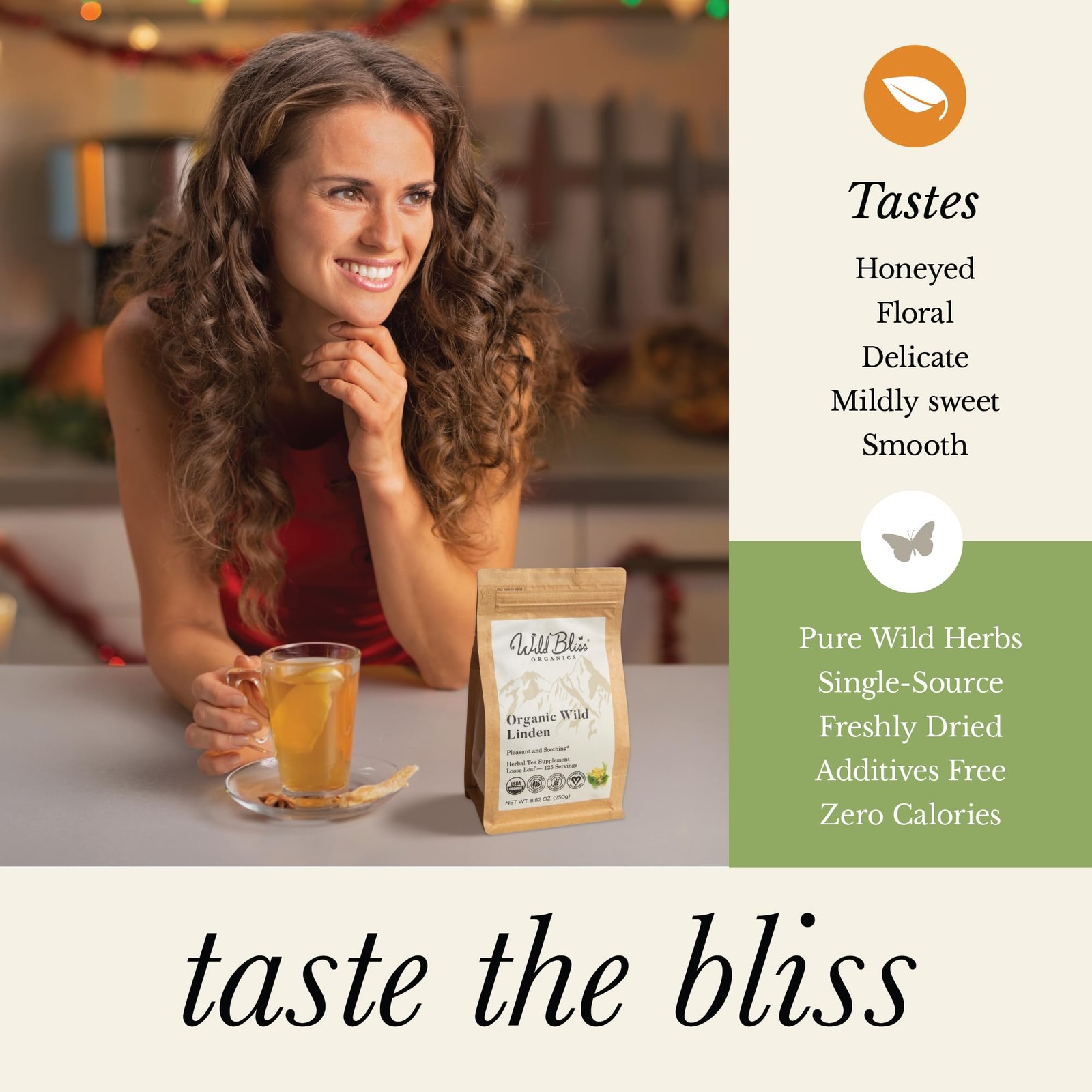 Wild Bliss Organic Linden Flower Loose Leaf Tea 8.8oz Caffeine Free 125 Servings