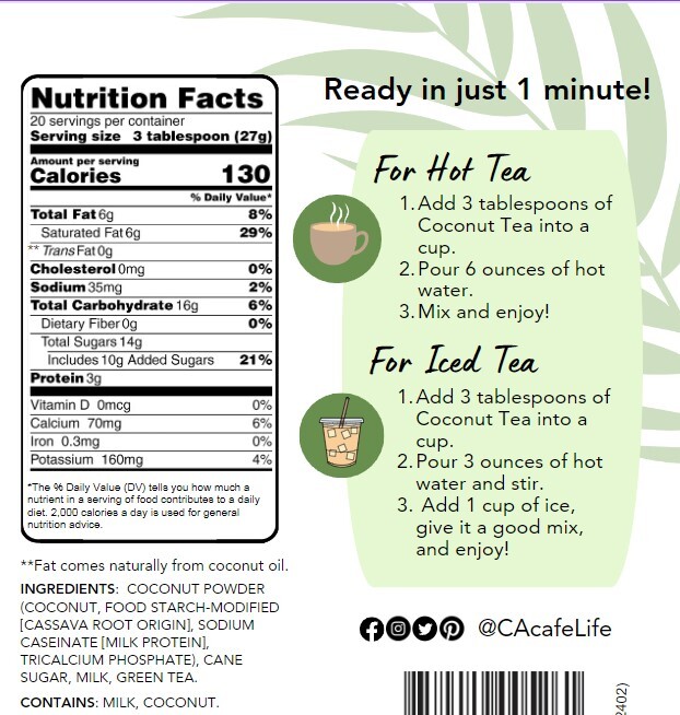 CAcafe Coconut Tea, Green Tea Infused with Coconut 19.05oz