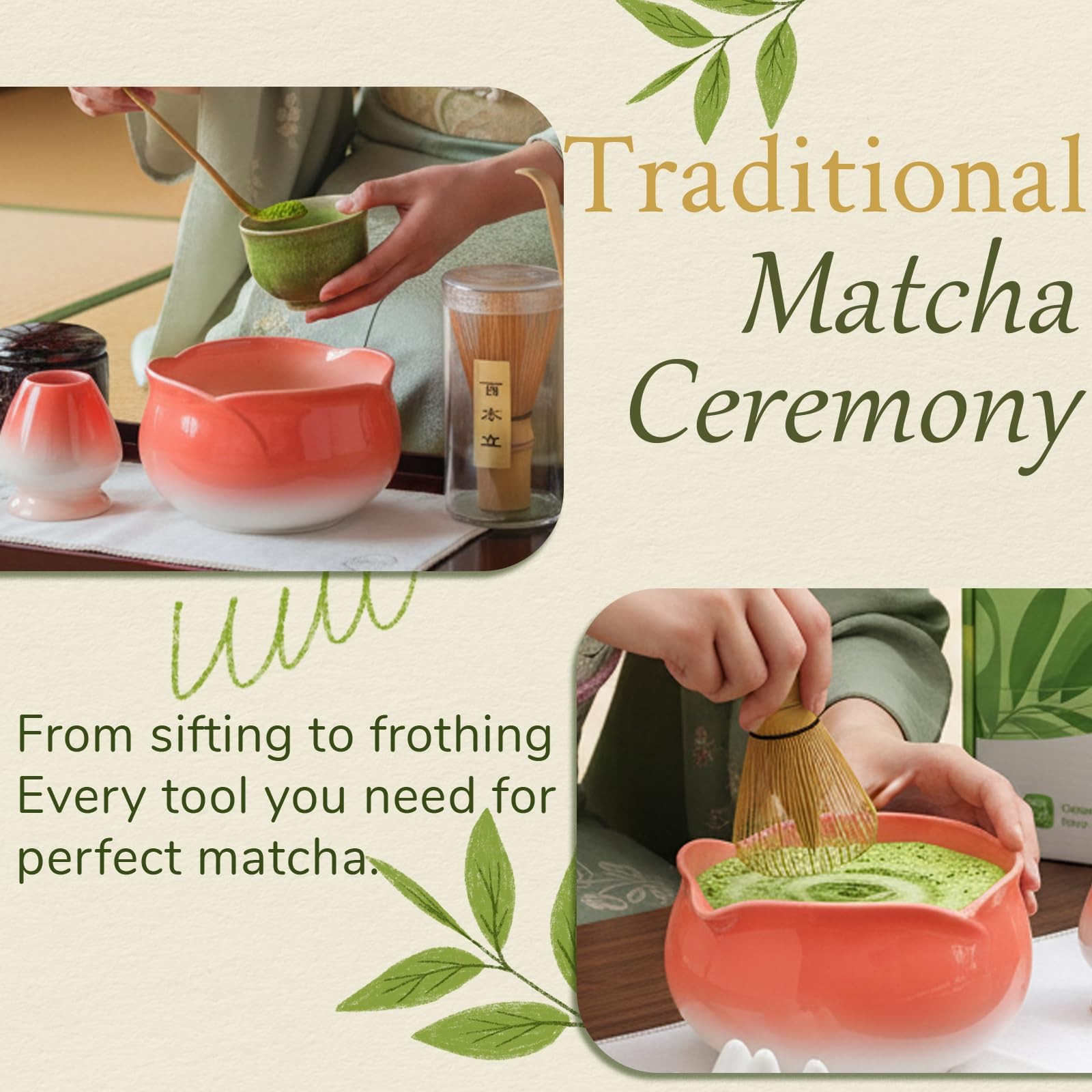 8 Pcs Matcha Whisk Set Chasen Matcha Whisk Bamboo Bowl with Spout Sifter Spoo…