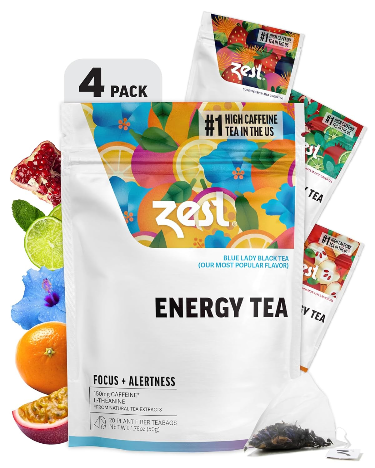 Energy Tea Assortment Box – High Caffeine Tea Bags Sampler with Black & Green Te