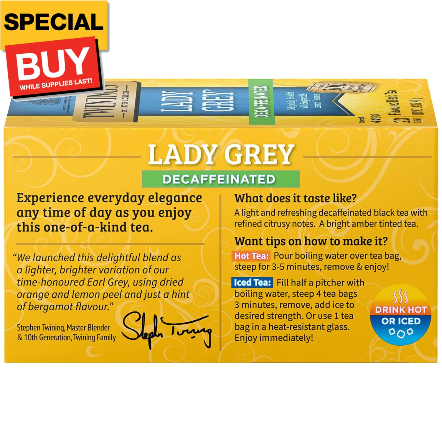 Decaffeinated Lady Grey Black Tea Individually Wrapped Bags, 20 Count (Pack of 1