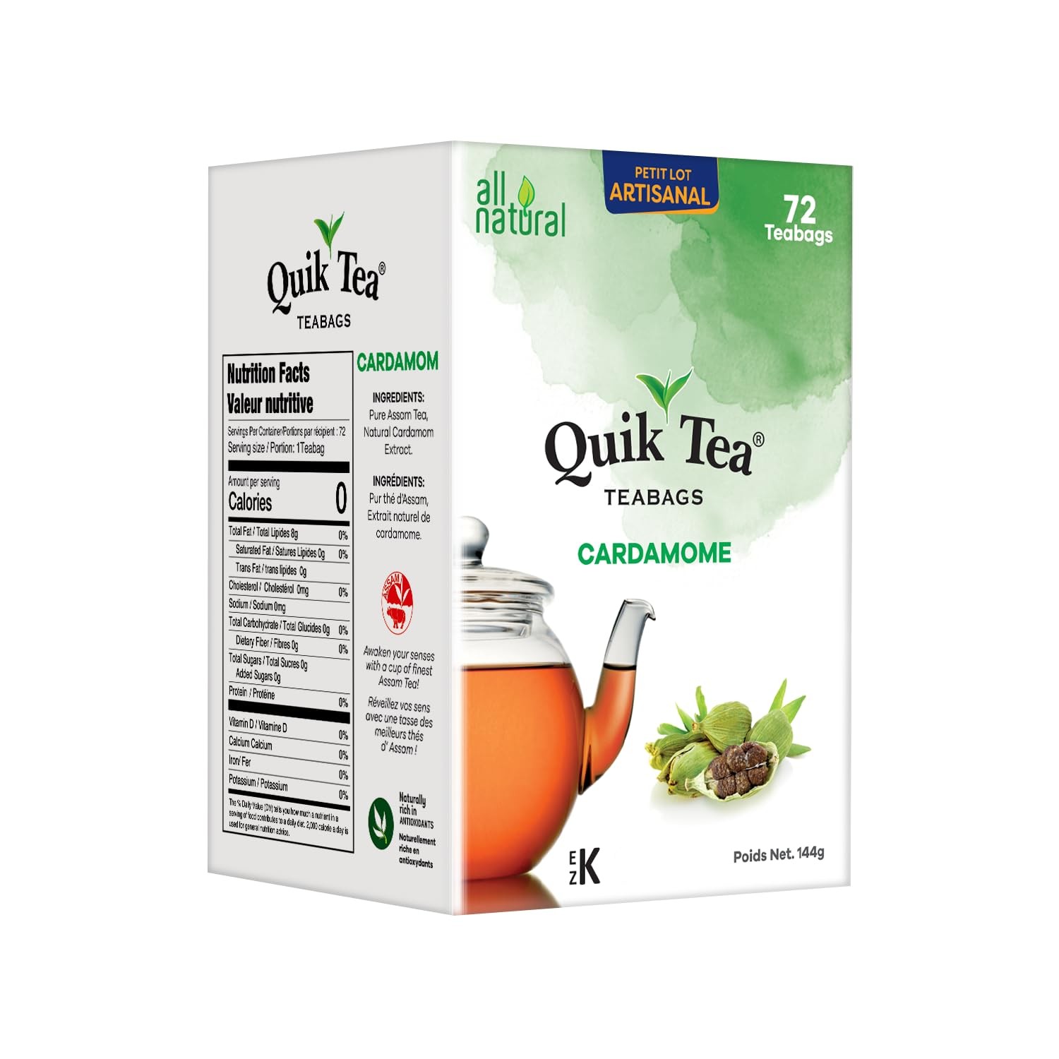 QuikTea Cardamom Tea Bags – 72 Count – Premium Assam 1 (Pack of 72)