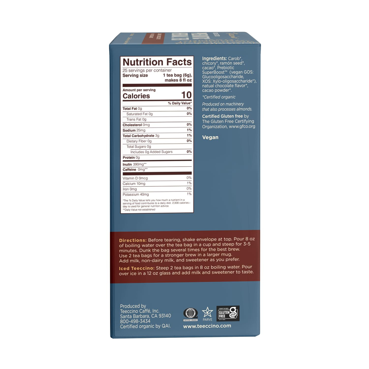 Teeccino Dark Chocolate Prebiotic Superboost™ Herbal Tea – Support Your Probioti