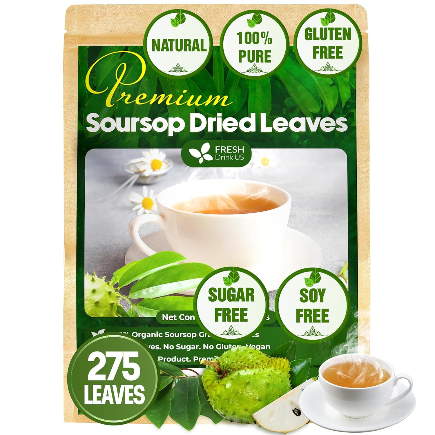 , Premium 275+ Soursop Graviola Whole Dried Leaves Tea, 275-300 Soursop Graviola
