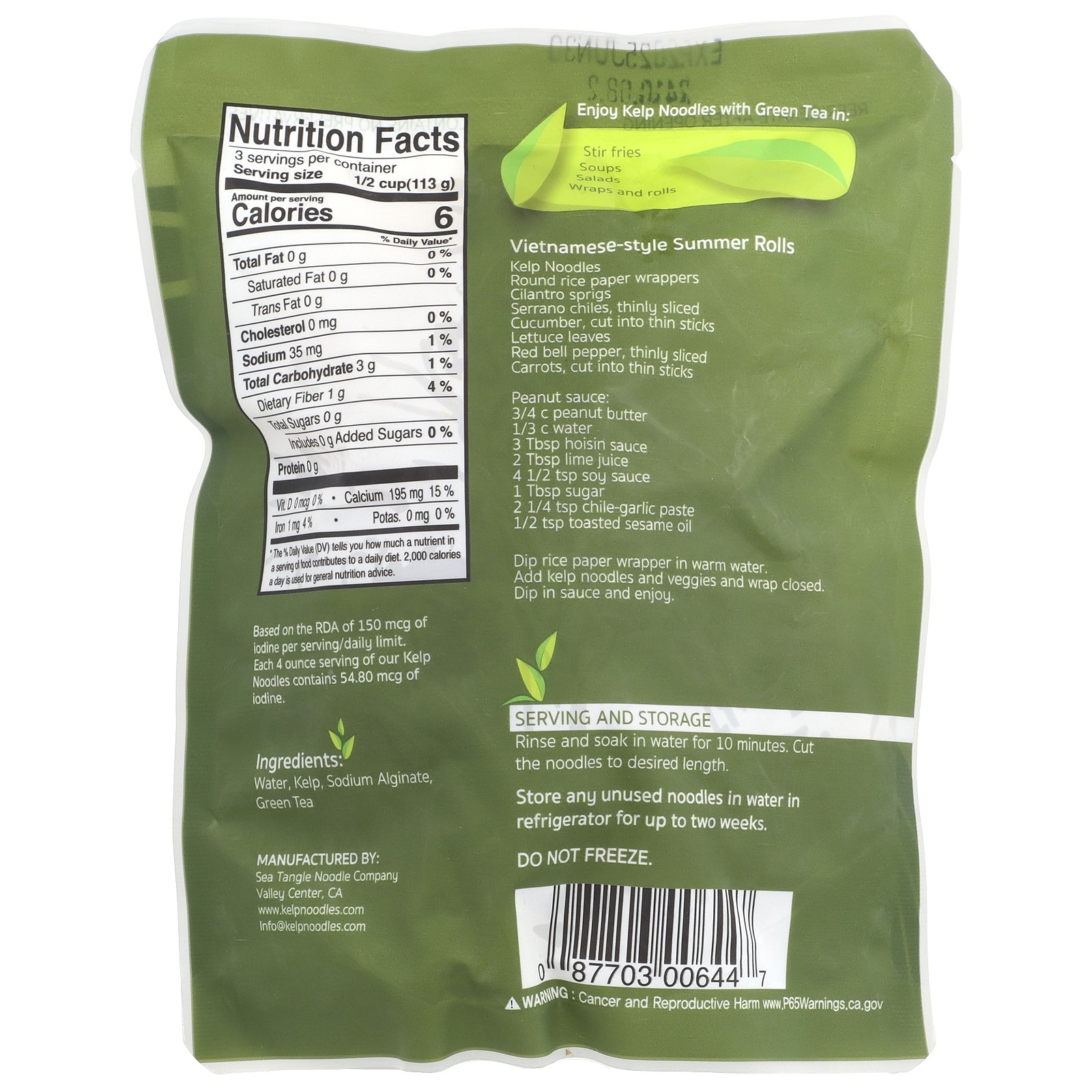 Sea Tangle Noodle Company Kelp Noodles with Green Tea 12 oz 340 g Gluten-Free,