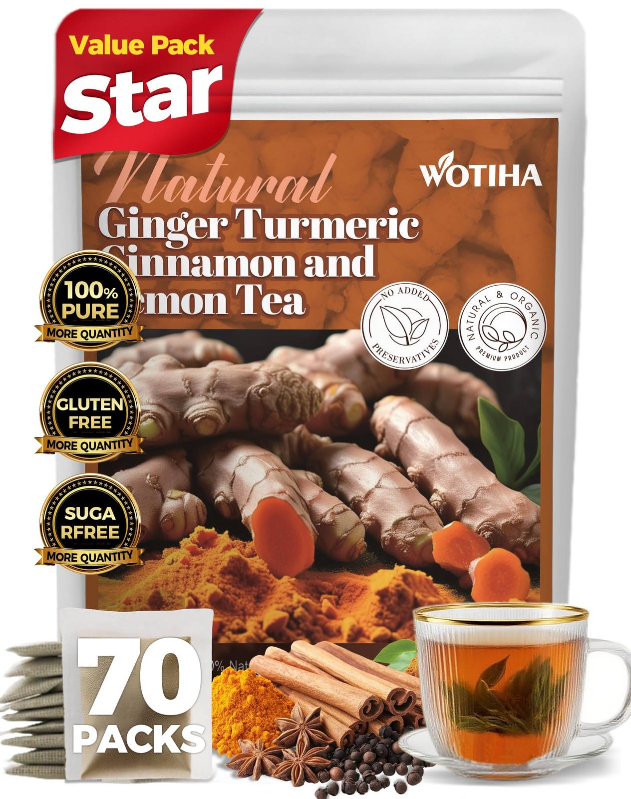 70 Count Premium Turmeric Ginger Cinnamon lemon Tea Bags 100% Natural HighCo…