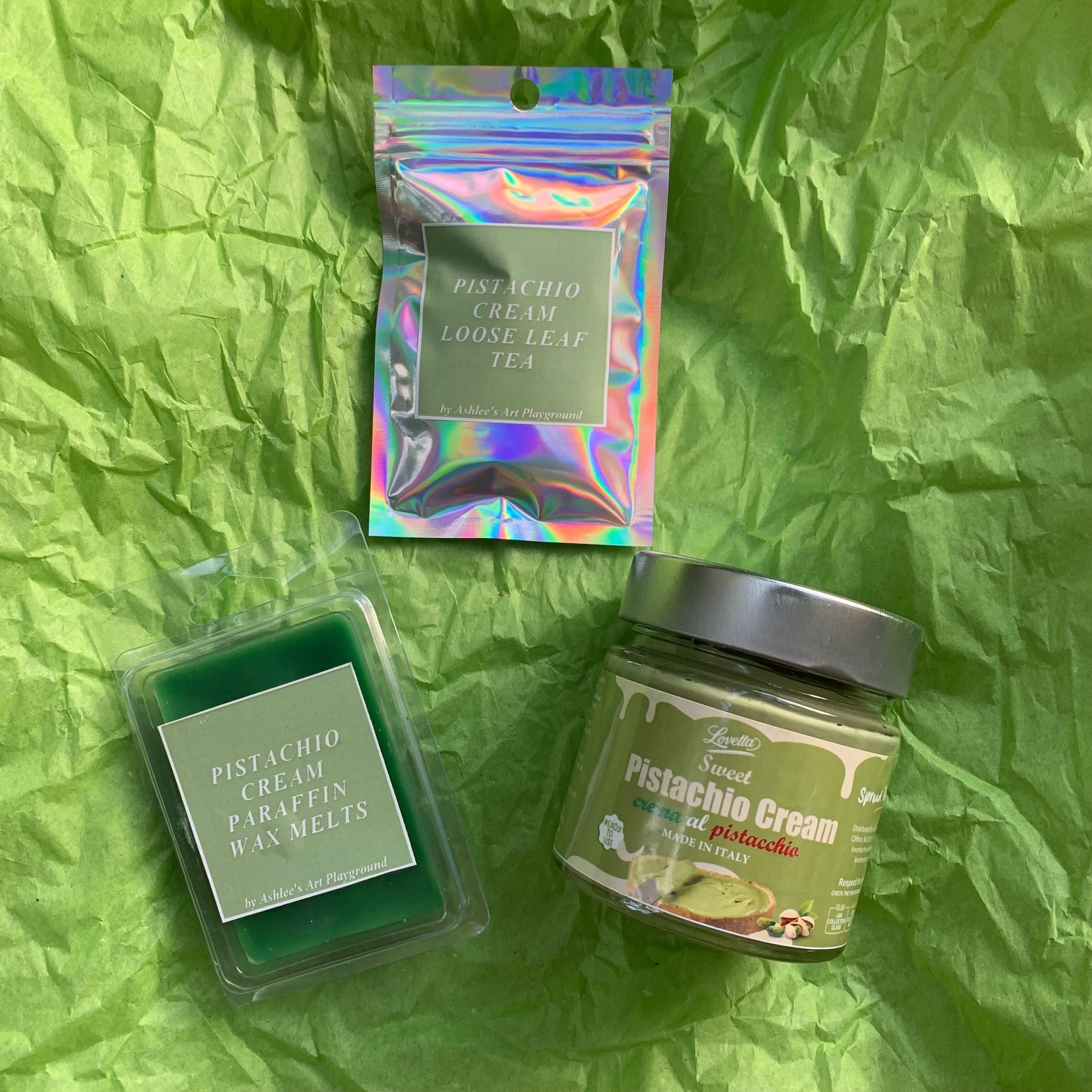 Pistachio Cream Dessert Gift Set: Butter, Pu’erh Loose Leaf Tea, & Wax Melts