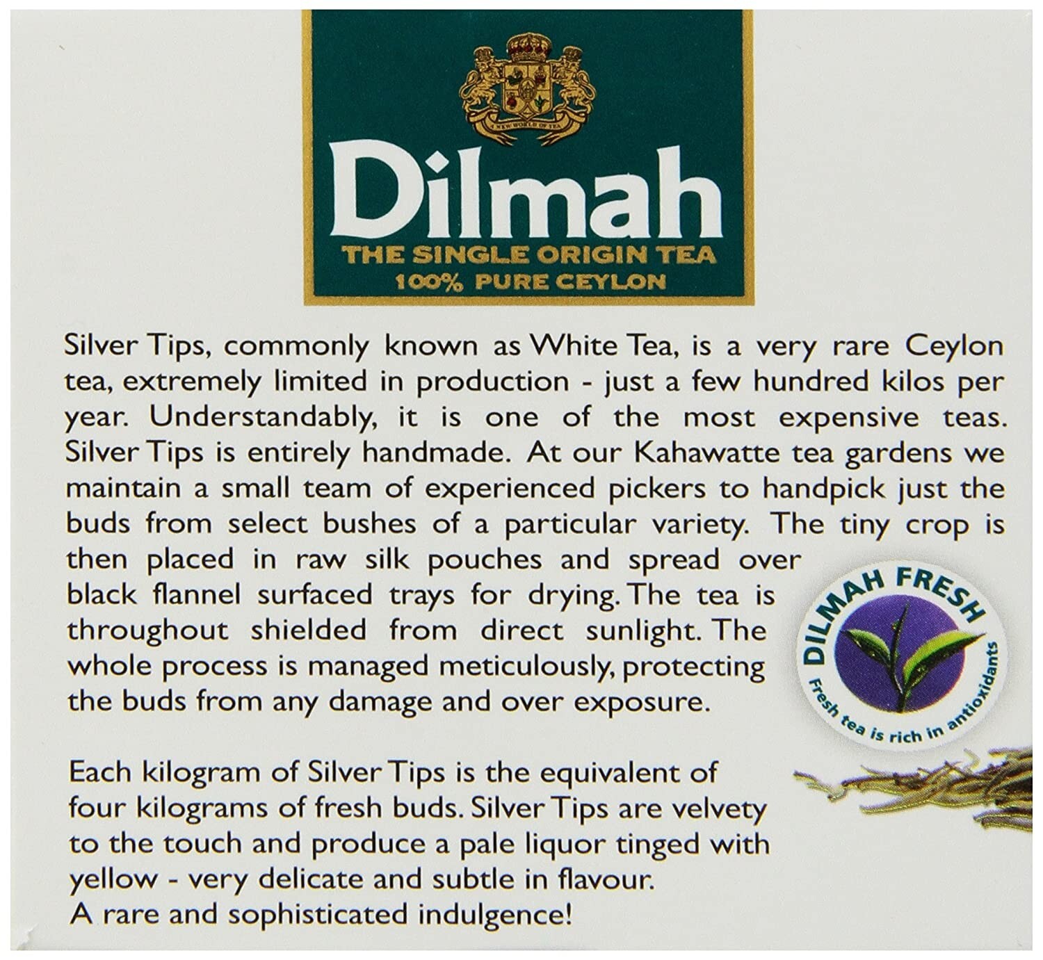 Dilmah White Tea, Ceylon Silver Tips, 10-Count Luxury Leaf Teabags (Pack of 2)