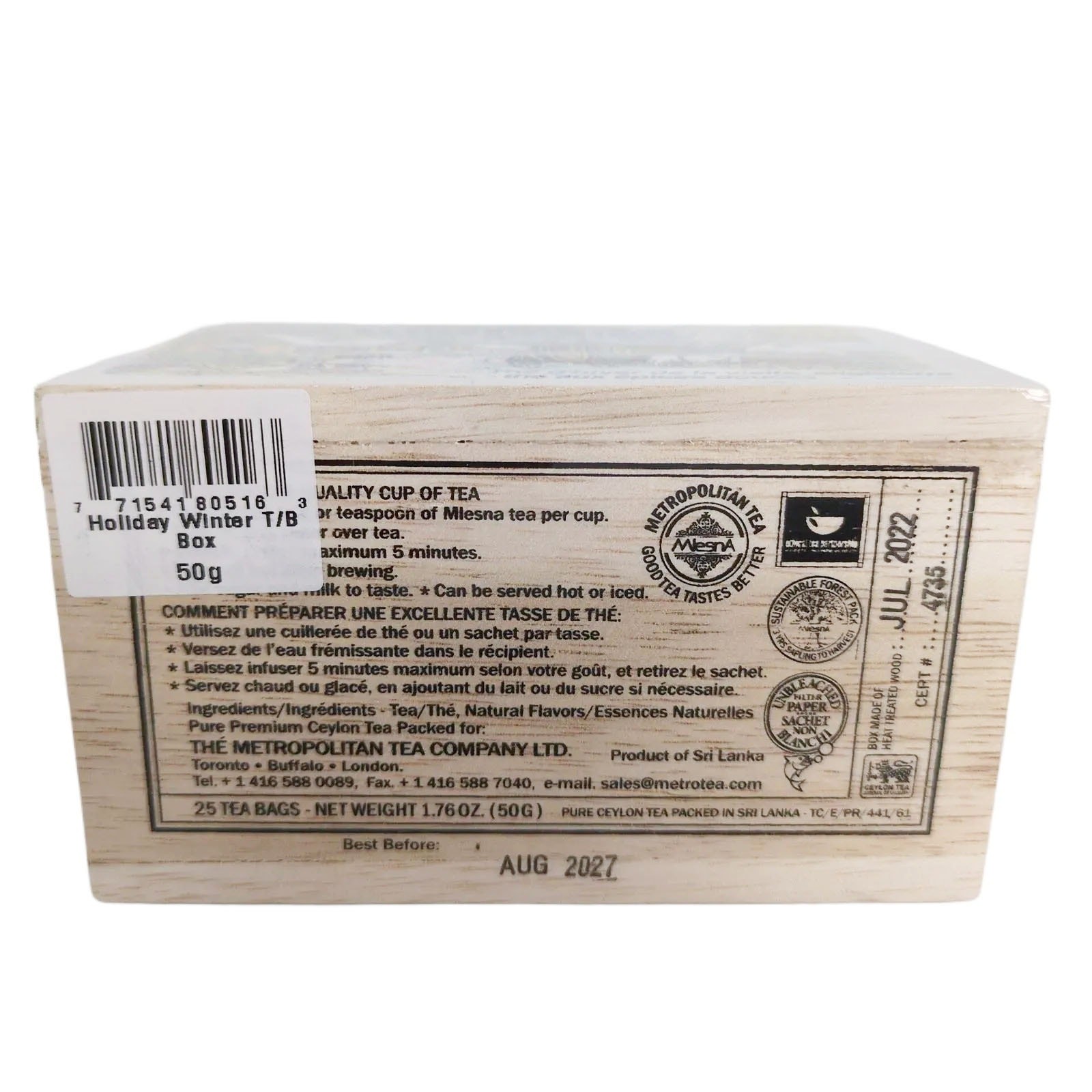 Metropolitan Tea Co HOLIDAY WINTER Sweet Spiced Ceylon 25 Teabags, Wood Box 50g