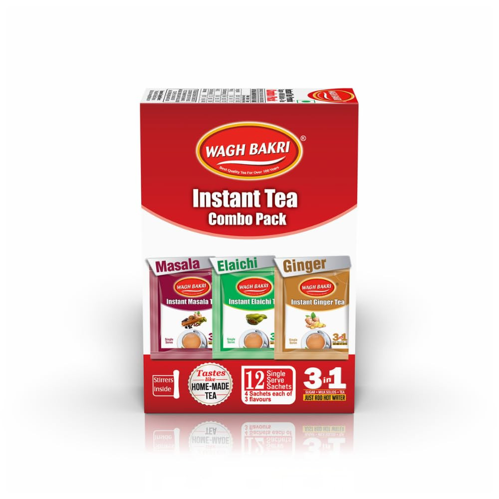 Wagh Bakri Instant Tea Premix Combo Cardamom Ginger Masala 12 Sachets
