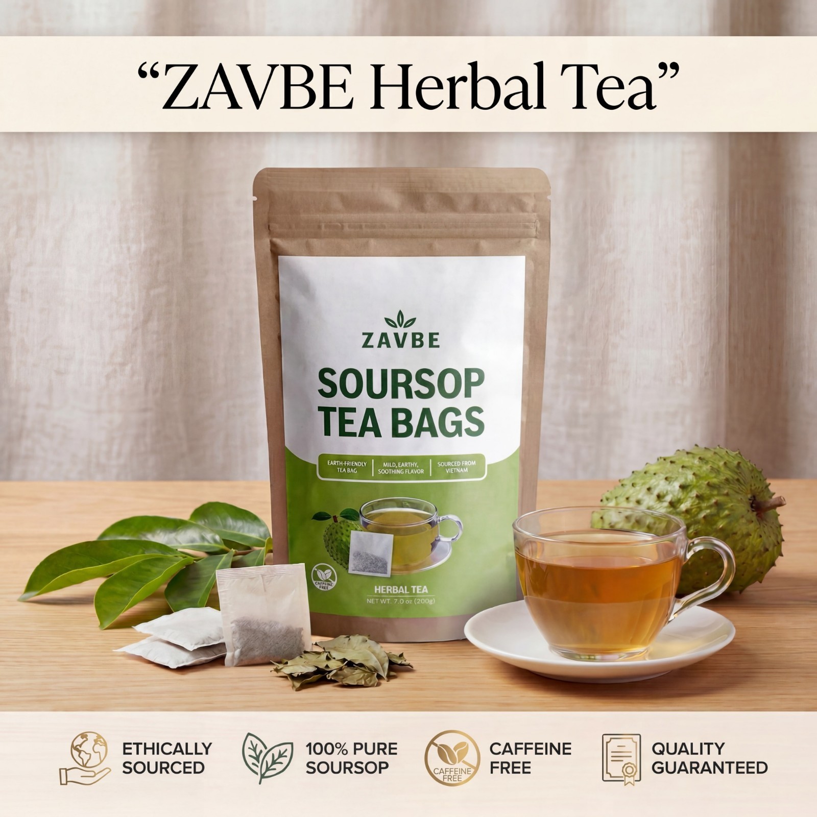 100 Soursop Tea Bags – Pure Soursop Graviola Tea | Caffeine‑Free Non‑GMO ZAVBE
