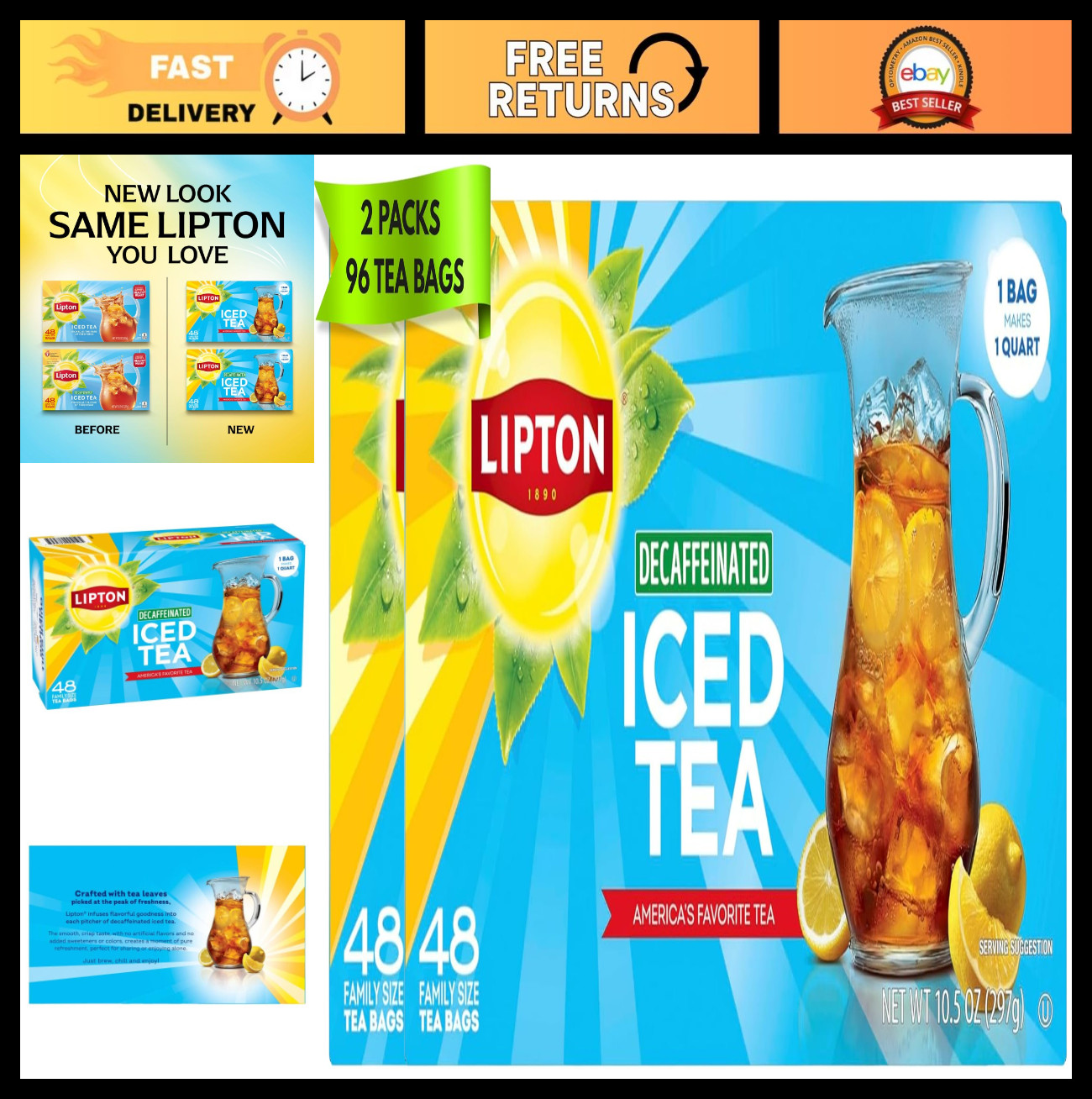 Decaf Black Iced Tea Bags – Family Size, Zero Calories, 96 Total Bags, Refreshin