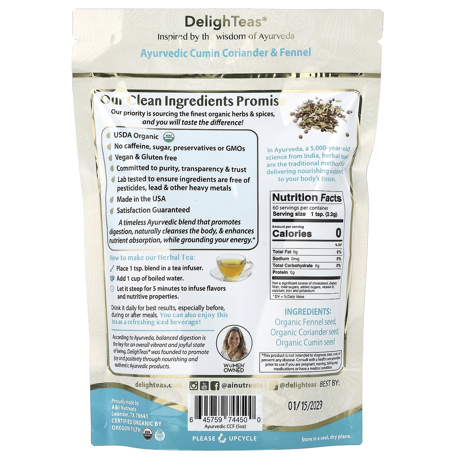 Ayurvedic Cumin Coriander & Fennel, Herbal Detox Tea, Loose Blend, Caffeine