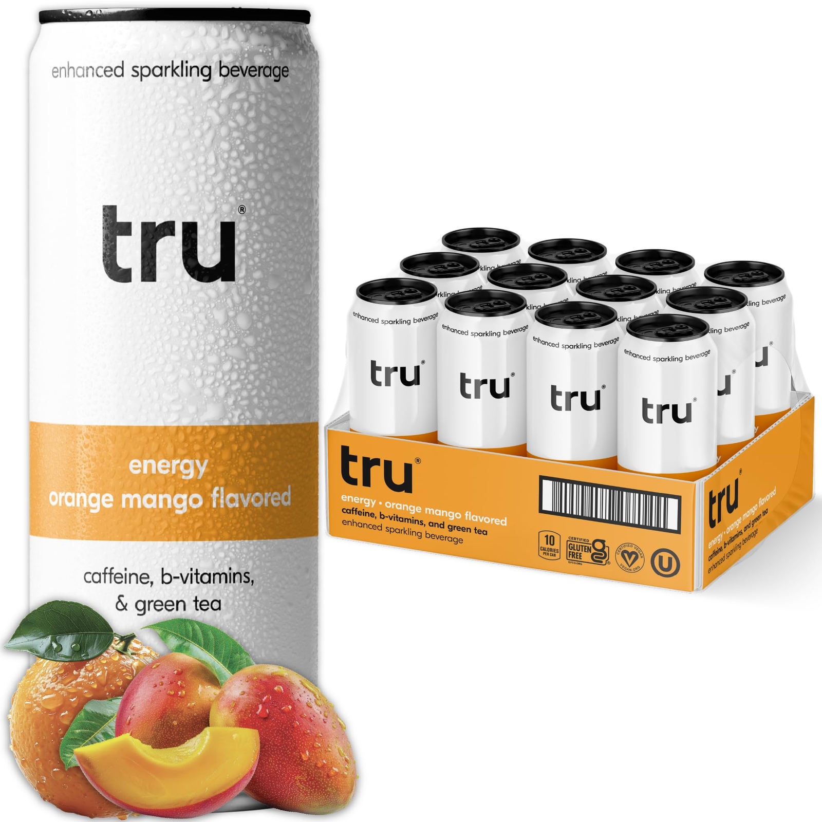 Tru Energy Seltzer Orange Mango Drink Natural Caffeine Green Tea Extract 12 Pack