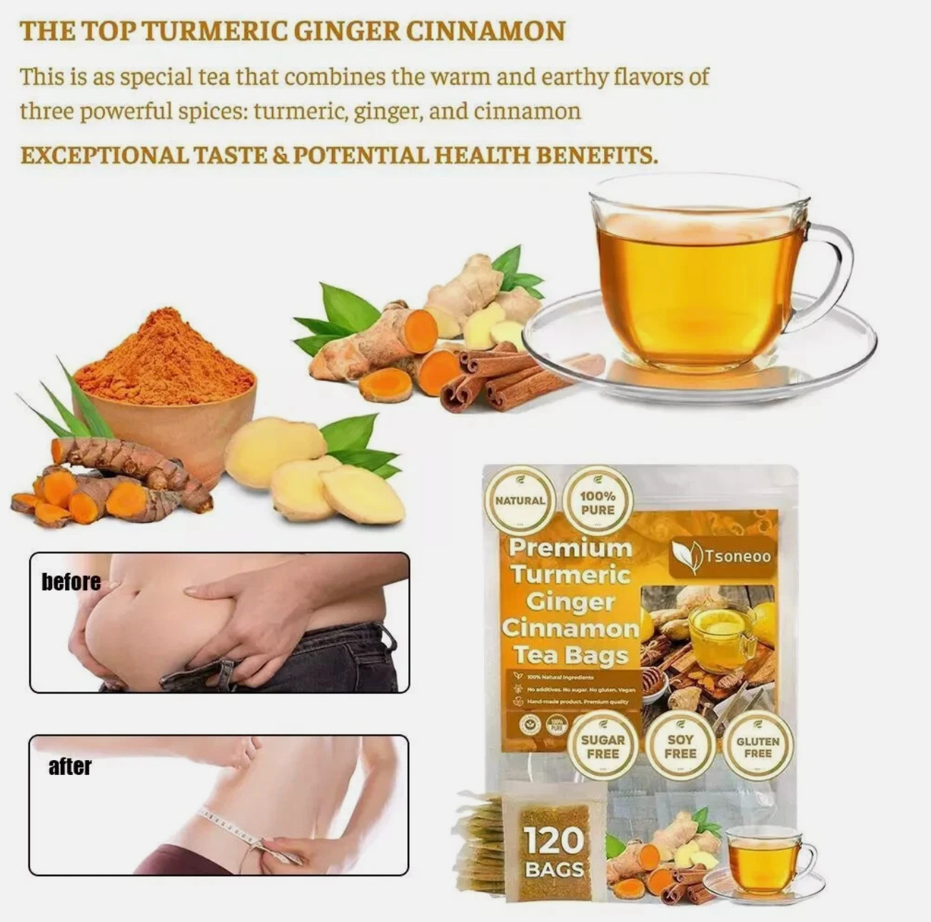 120 Premium Turmeric Ginger Cinnamon Tea Bags, 100% Natural &No Additive Support