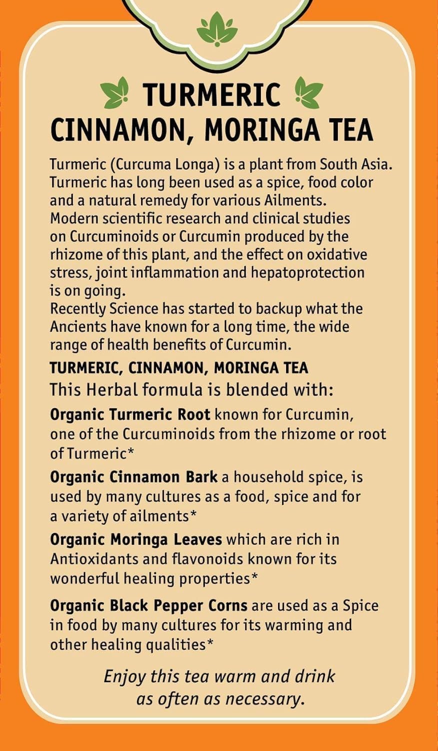 Ayurveda Turmeric Tea, Organic Cinnamon Moringa, No Caffeine Herbal Supplement