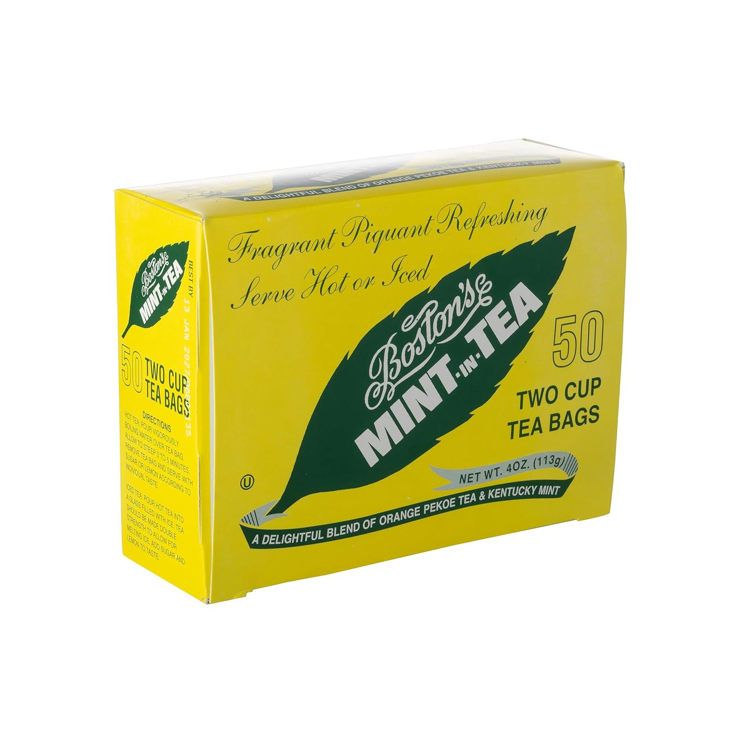 Boston’s Mint-In-Tea Bags 50 CT Orange Pekoe Kentucky Mint Two Cup New