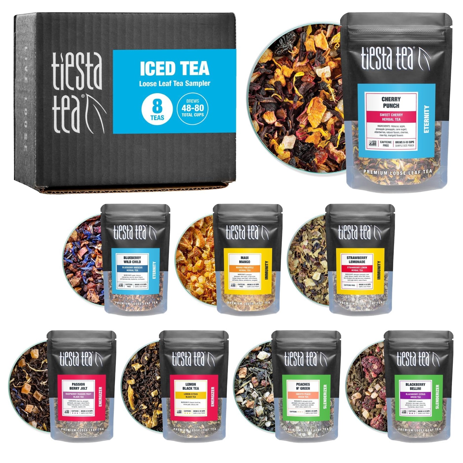 Tiesta Tea Iced Tea Sampler Set 8 Loose Leaf Blends Caffeinated and Decaf 6.2oz