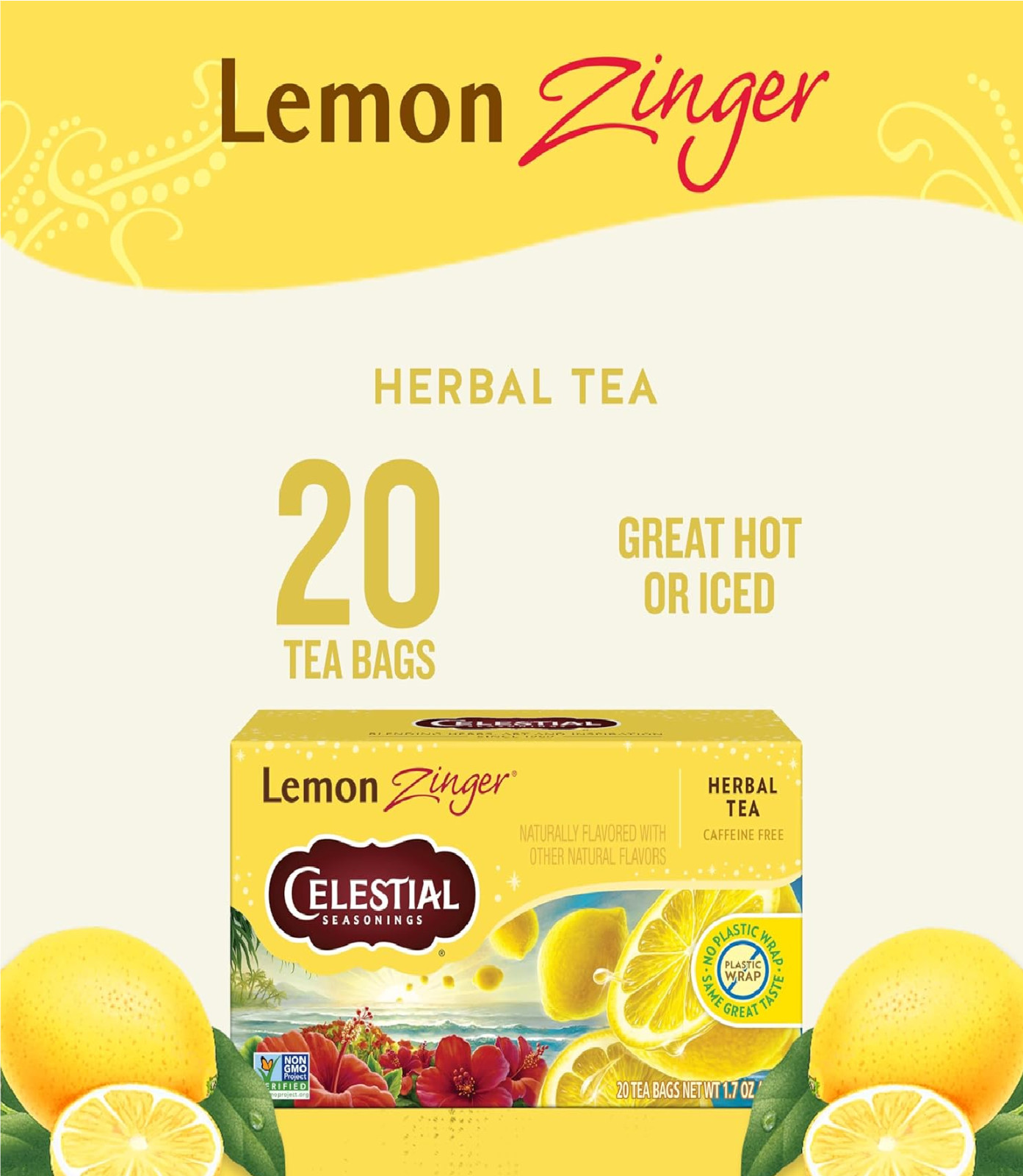 Celestial Seasonings Lemon Zinger Herbal Tea, Caffeine Free, 20 Tea Bags Box