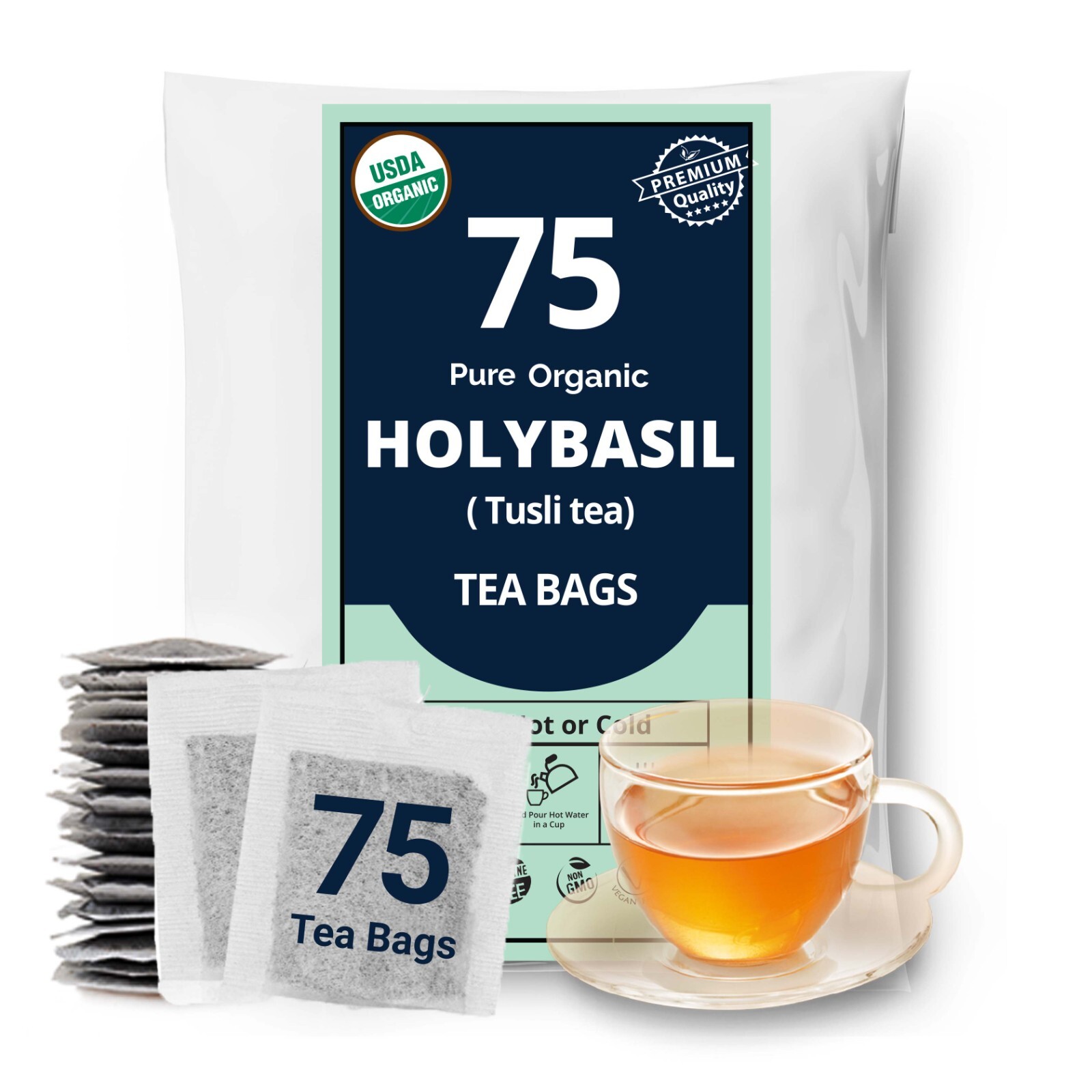 75 Organic Holy Basil Tea Bags, Pure Tulsi Holy Basil, Tulsi Tea, Caffeine Free