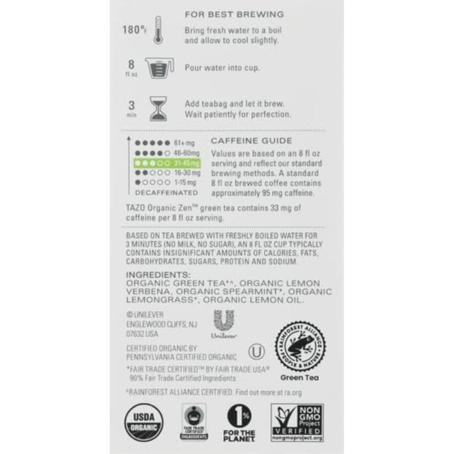 TAZO Organic Zen Green Tea, Caffeinated Tea with Refreshing Lemongrass & Spearmi