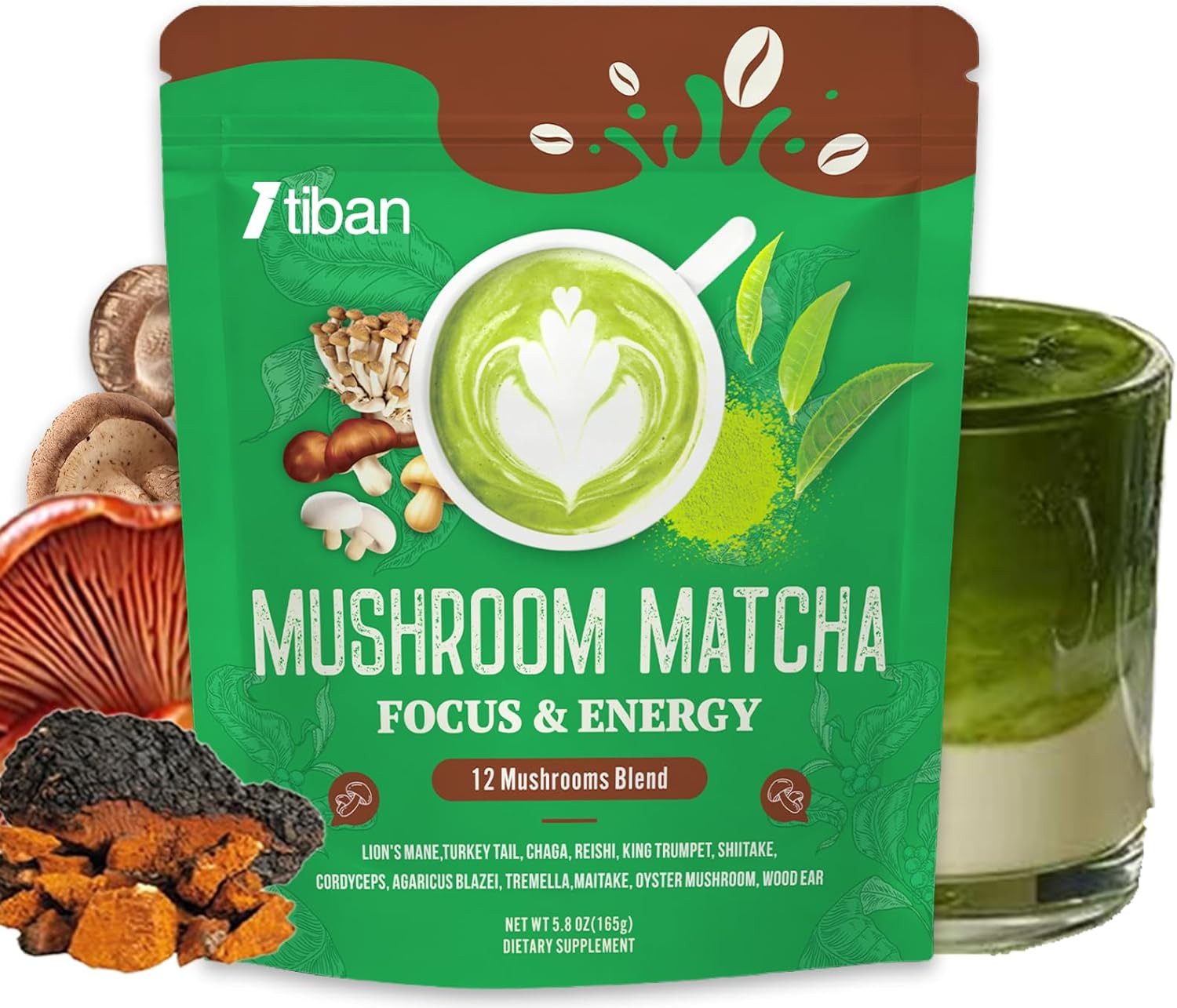 Mushroom Matcha with 12 Mushrooms with Lion’s Mane, Chaga and Matcha Powder