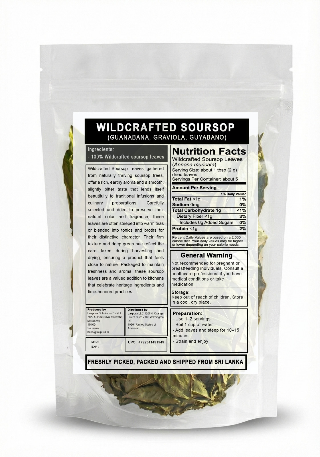 Purelife Herbs® Soursop Leaves Tea, 100 Whole Dried Leaves, Wildcrafted Graviola