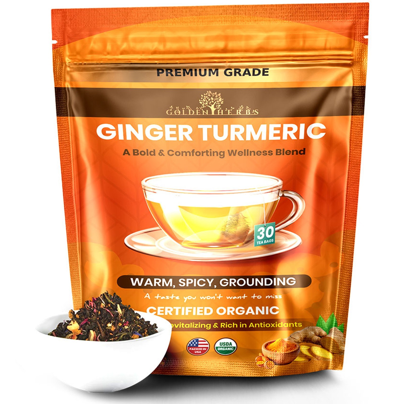 Golden Herbs Turmeric + Ginger Tea Bags, 30 Count Caffeine-Free Herbal Blend
